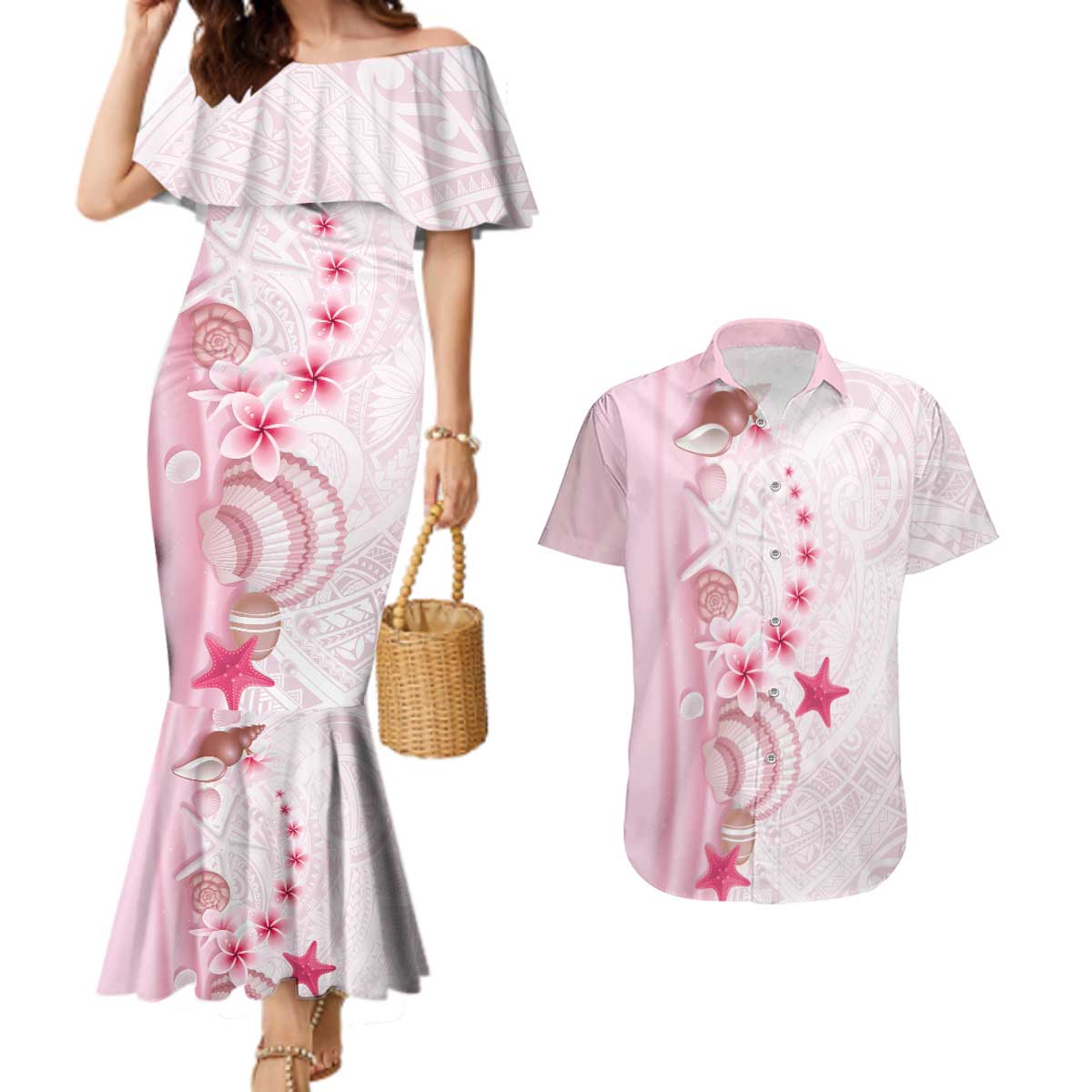 Pink Plumeria Sea Shell Couples Matching Mermaid Dress and Hawaiian Shirt Starfish Polynesian Pattern LT01 Pink - Polynesian Pride