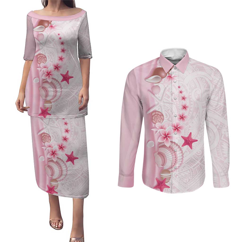 Pink Plumeria Sea Shell Couples Matching Puletasi and Long Sleeve Button Shirt Starfish Polynesian Pattern - Polynesian Pride