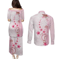 Pink Plumeria Sea Shell Couples Matching Puletasi and Long Sleeve Button Shirt Starfish Polynesian Pattern - Polynesian Pride