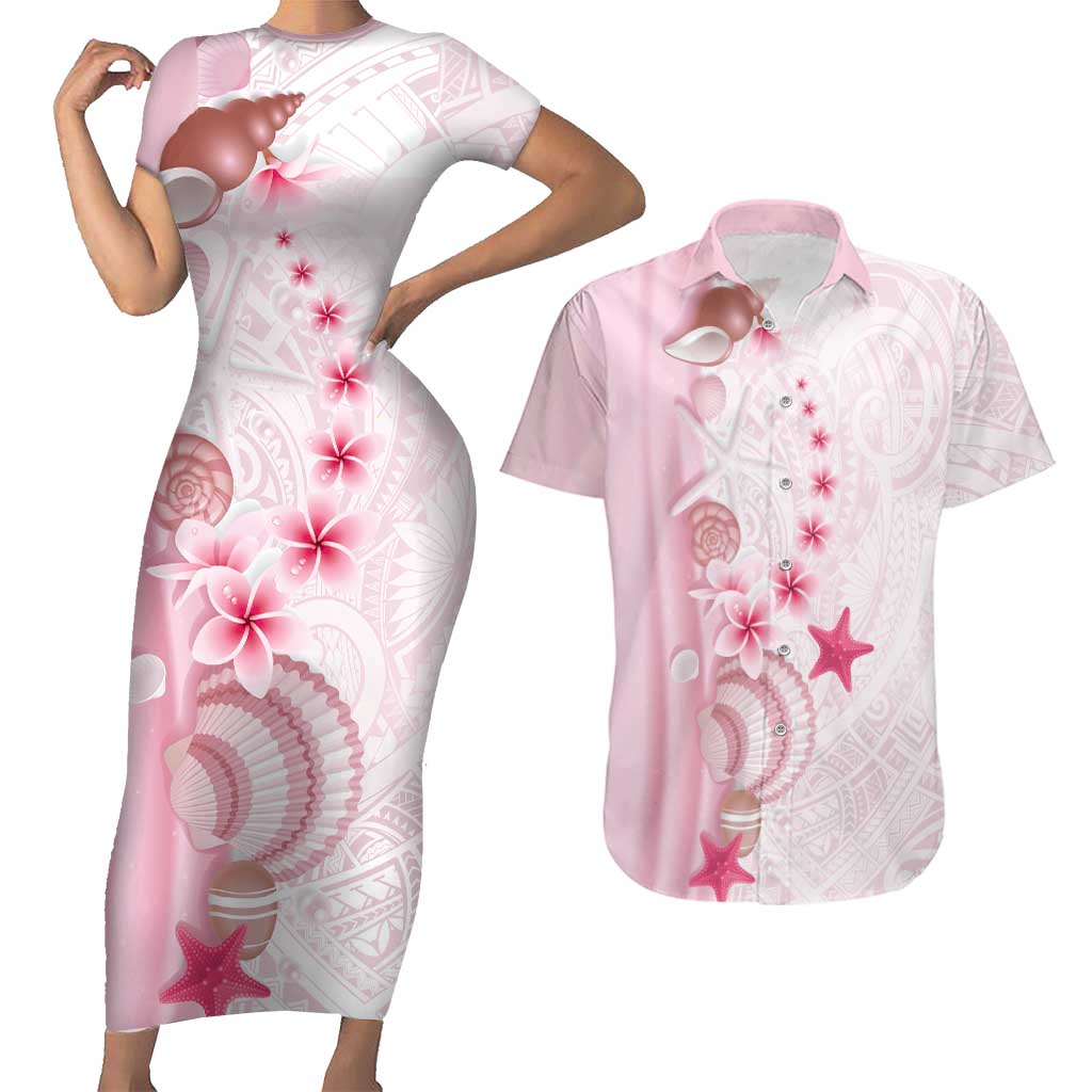 Pink Plumeria Sea Shell Couples Matching Short Sleeve Bodycon Dress and Hawaiian Shirt Starfish Polynesian Pattern LT01 Pink - Polynesian Pride