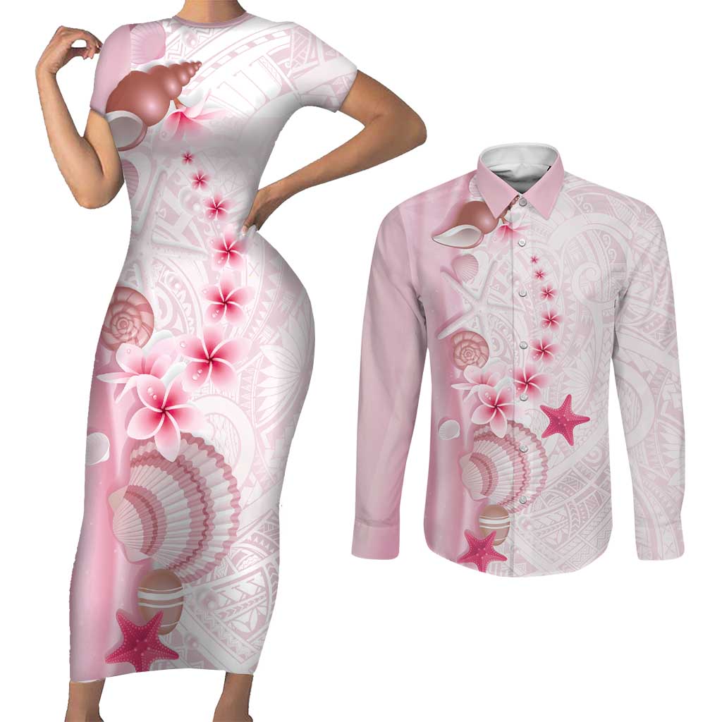 Pink Plumeria Sea Shell Couples Matching Short Sleeve Bodycon Dress and Long Sleeve Button Shirt Starfish Polynesian Pattern - Polynesian Pride