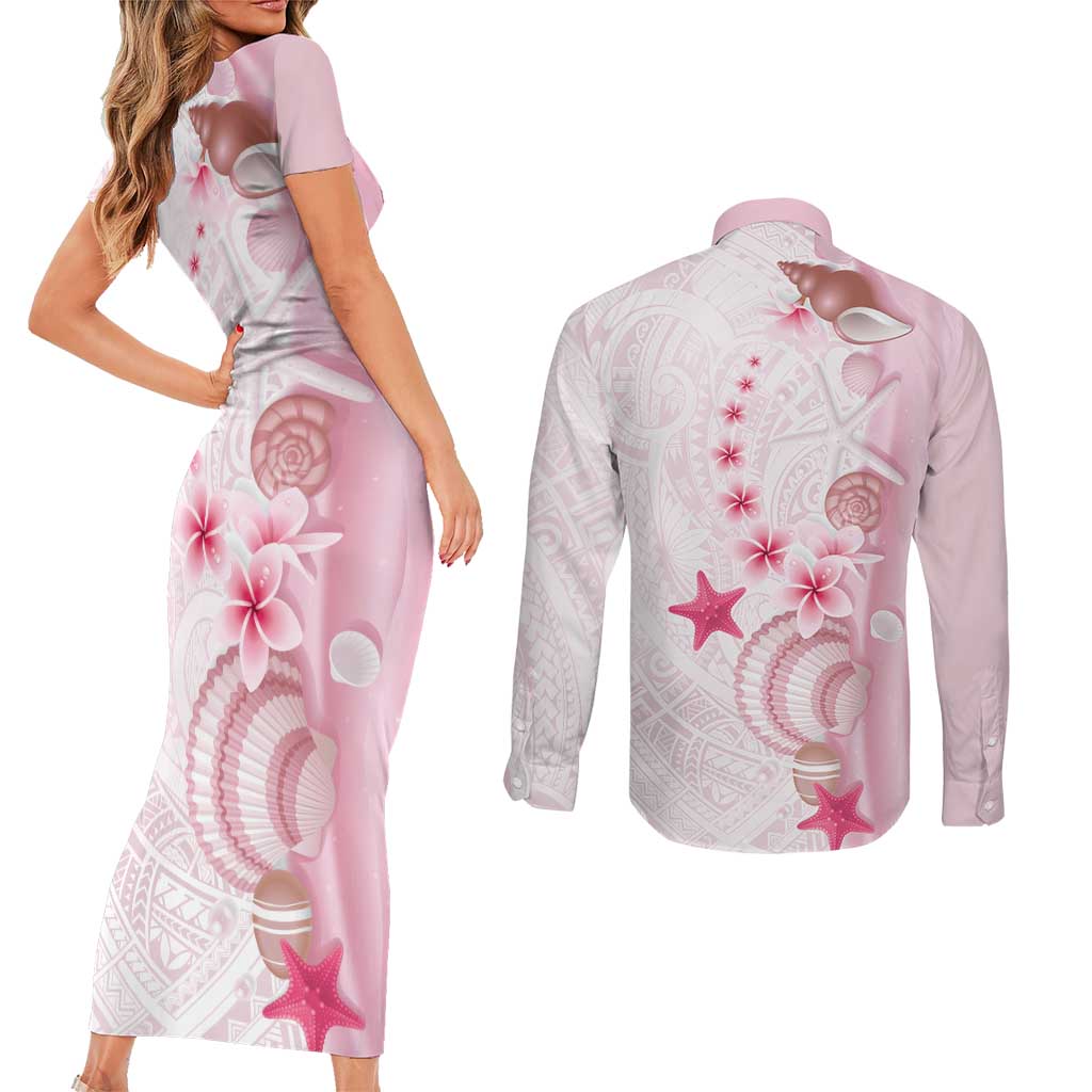 Pink Plumeria Sea Shell Couples Matching Short Sleeve Bodycon Dress and Long Sleeve Button Shirt Starfish Polynesian Pattern - Polynesian Pride