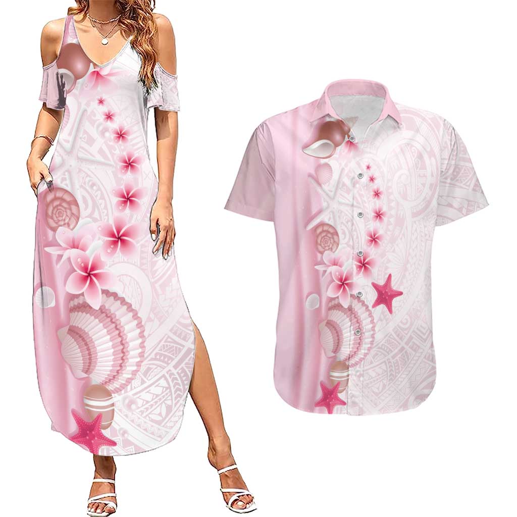 Pink Plumeria Sea Shell Couples Matching Summer Maxi Dress and Hawaiian Shirt Starfish Polynesian Pattern LT01 Pink - Polynesian Pride