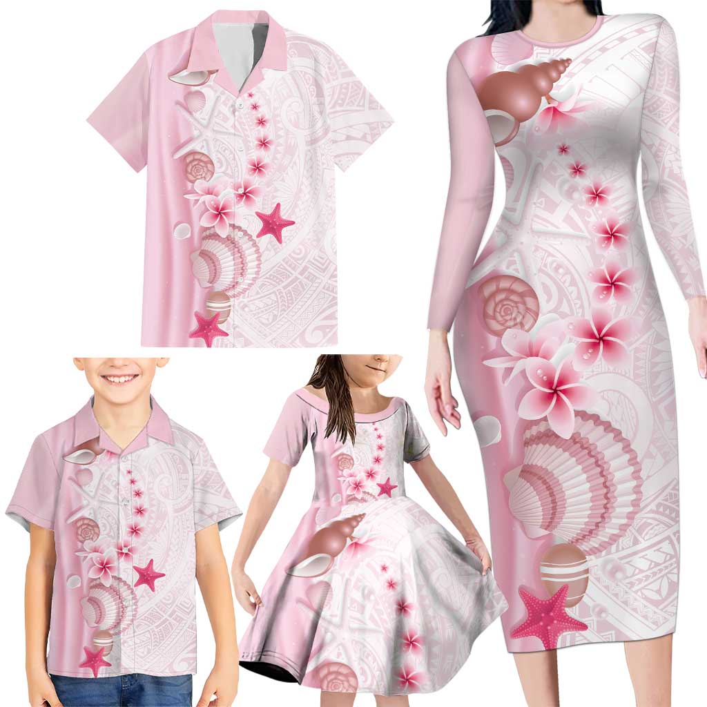 Pink Plumeria Sea Shell Family Matching Long Sleeve Bodycon Dress and Hawaiian Shirt Starfish Polynesian Pattern LT01 - Polynesian Pride