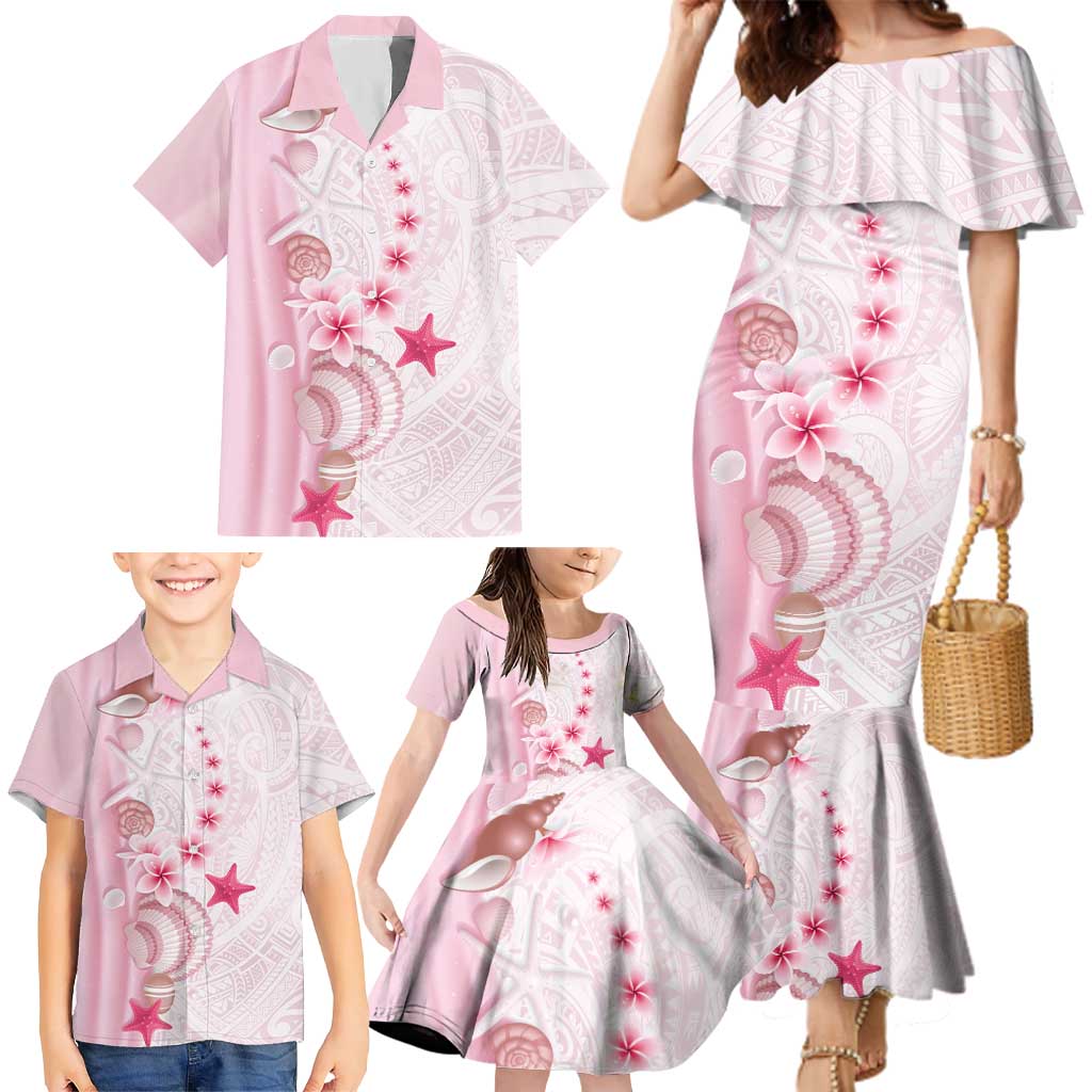 Pink Plumeria Sea Shell Family Matching Mermaid Dress and Hawaiian Shirt Starfish Polynesian Pattern - Polynesian Pride