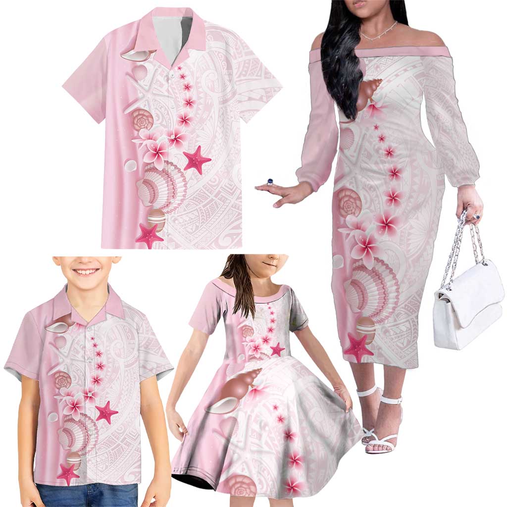 Pink Plumeria Sea Shell Family Matching Off The Shoulder Long Sleeve Dress and Hawaiian Shirt Starfish Polynesian Pattern - Polynesian Pride