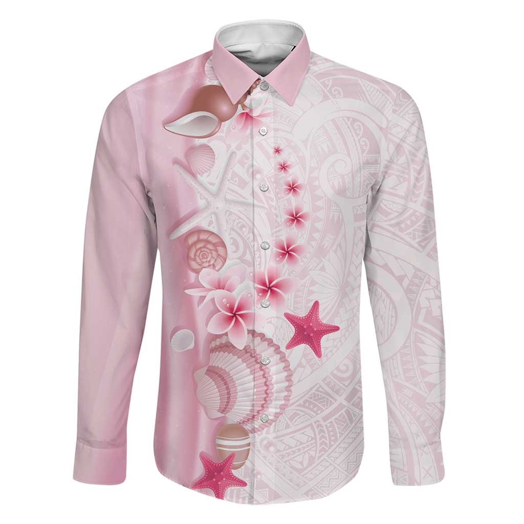 Pink Plumeria Sea Shell Family Matching Off Shoulder Maxi Dress and Hawaiian Shirt Starfish Polynesian Pattern - Polynesian Pride