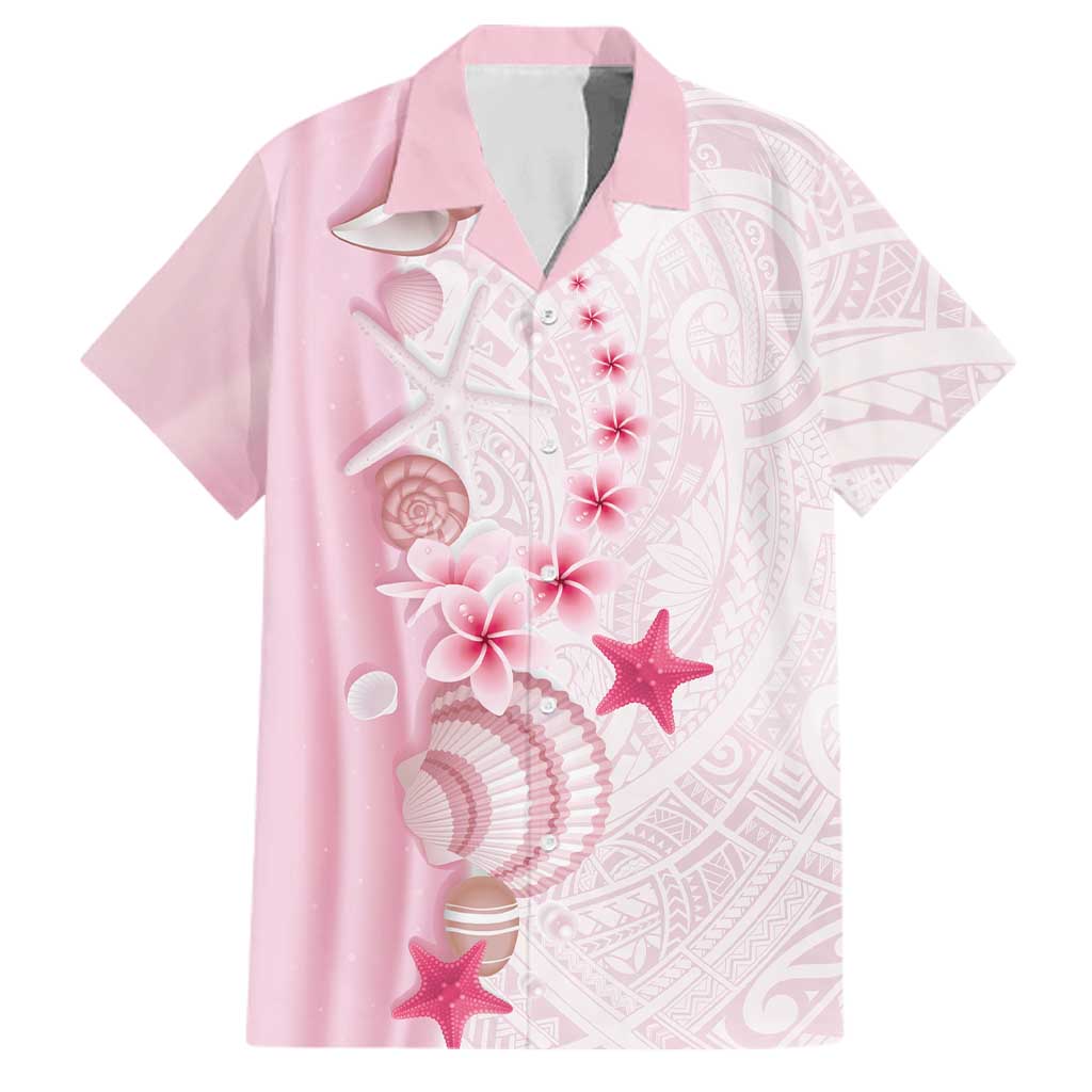 Pink Plumeria Sea Shell Family Matching Off Shoulder Short Dress and Hawaiian Shirt Starfish Polynesian Pattern - Polynesian Pride