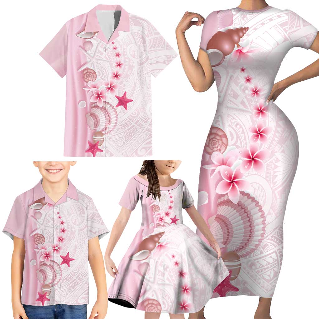 Pink Plumeria Sea Shell Family Matching Short Sleeve Bodycon Dress and Hawaiian Shirt Starfish Polynesian Pattern - Polynesian Pride