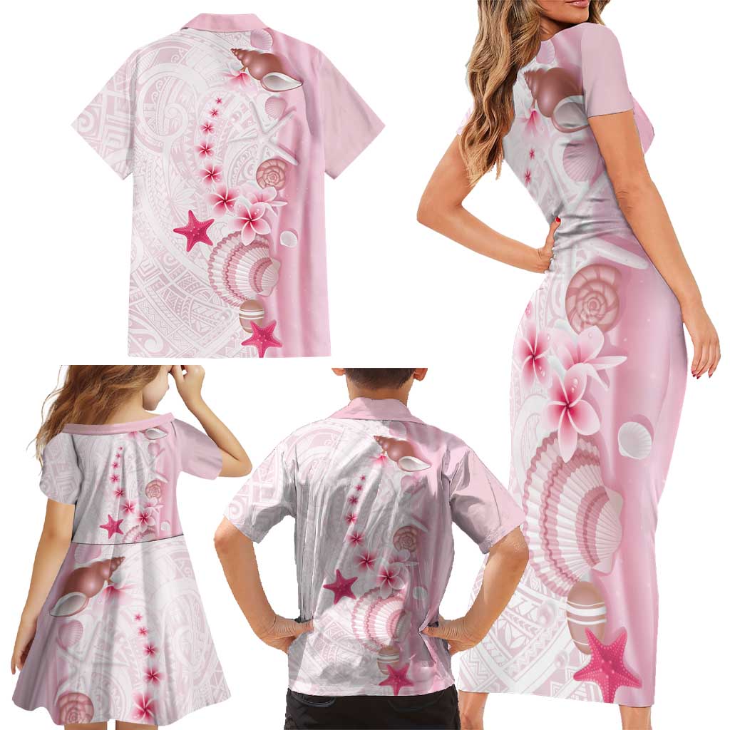 Pink Plumeria Sea Shell Family Matching Short Sleeve Bodycon Dress and Hawaiian Shirt Starfish Polynesian Pattern - Polynesian Pride