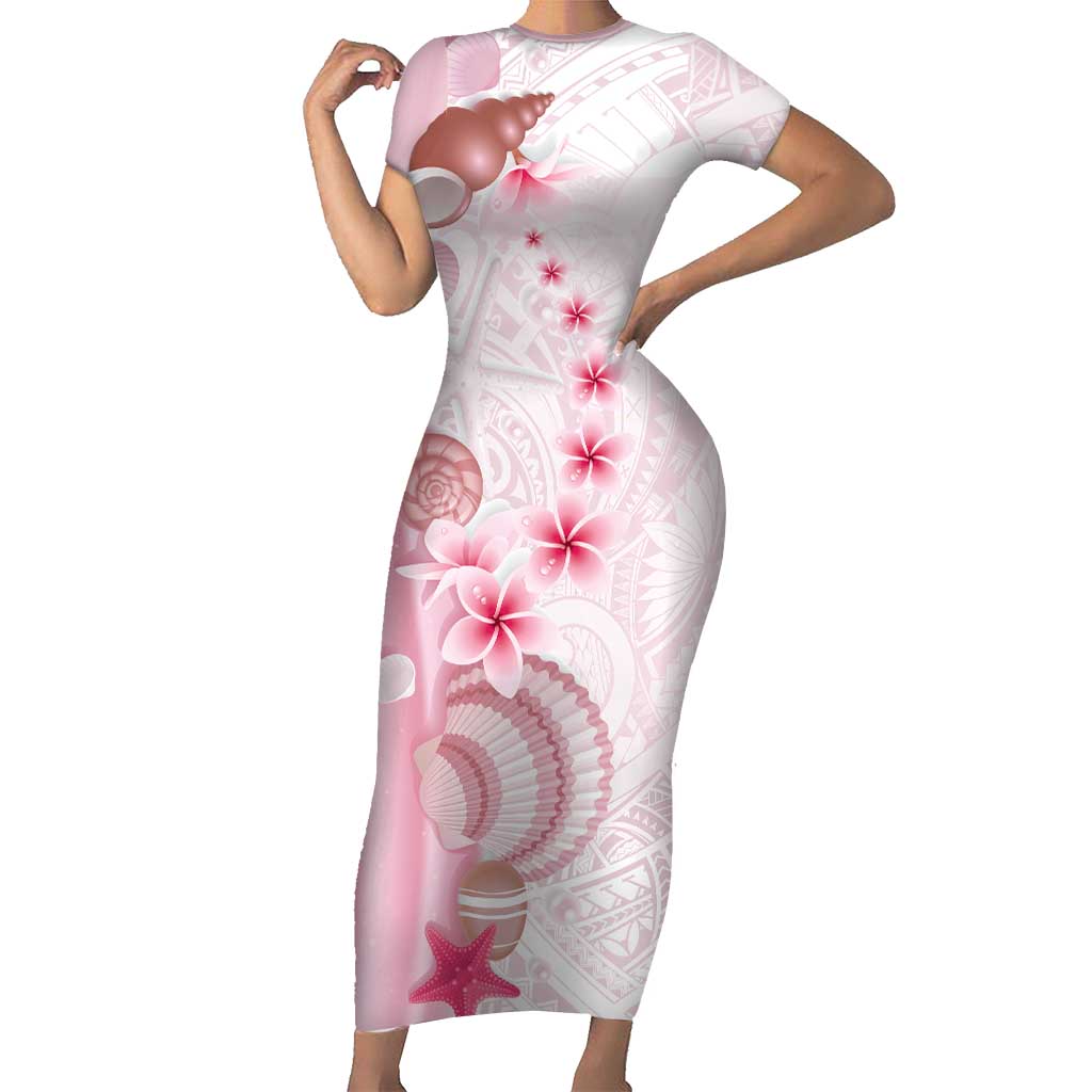 Pink Plumeria Sea Shell Family Matching Short Sleeve Bodycon Dress and Hawaiian Shirt Starfish Polynesian Pattern - Polynesian Pride