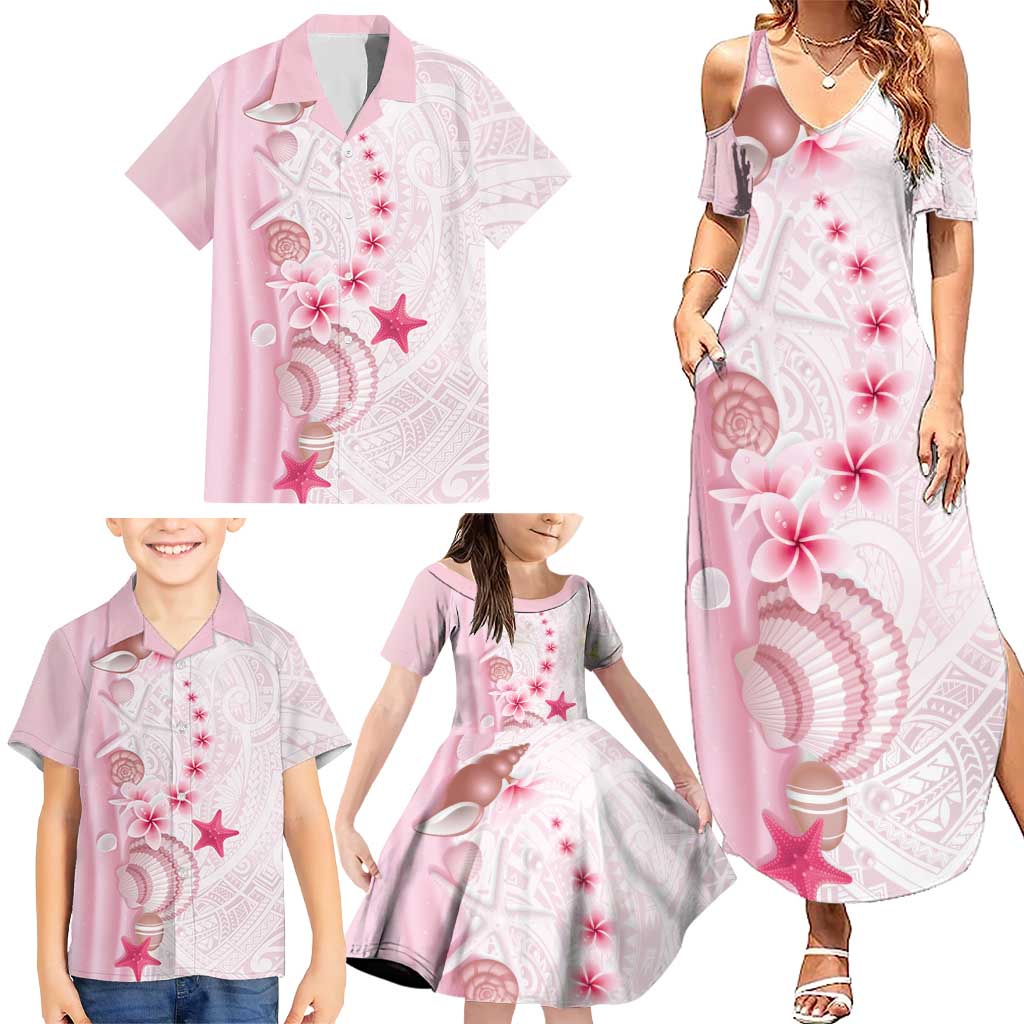 Pink Plumeria Sea Shell Family Matching Summer Maxi Dress and Hawaiian Shirt Starfish Polynesian Pattern - Polynesian Pride