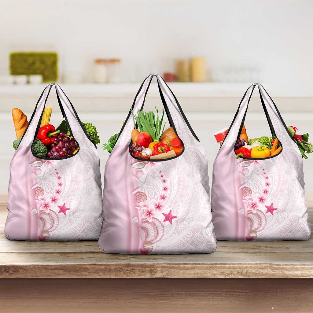 Pink Plumeria Sea Shell Grocery Bag Starfish Polynesian Pattern - Polynesian Pride