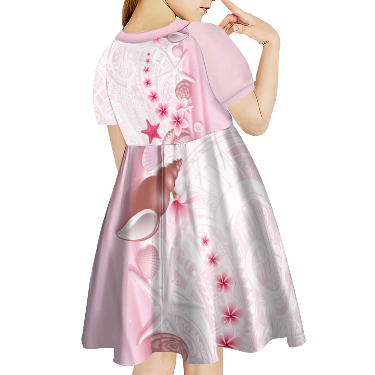 Pink Plumeria Sea Shell Kid Short Sleeve Dress Starfish Polynesian Pattern - Polynesian Pride