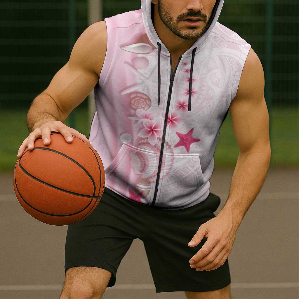 Pink Plumeria Sea Shell Sleeveless Zip Hoodie Starfish Polynesian Pattern - Polynesian Pride