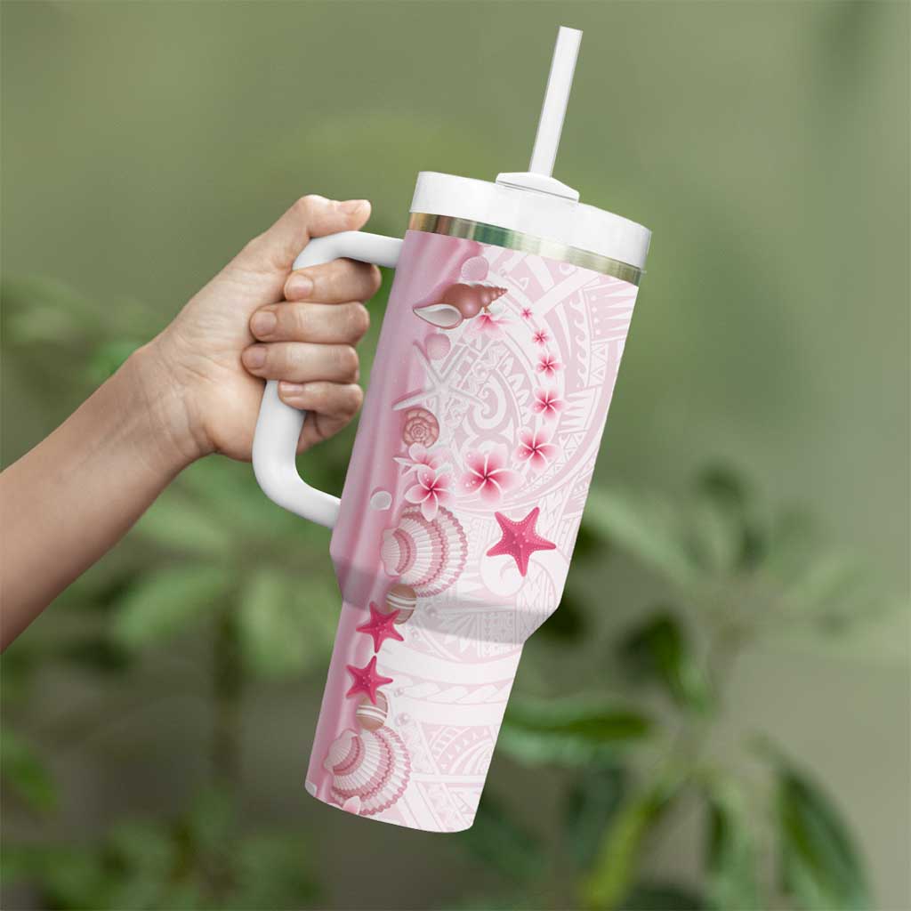 Pink Plumeria Sea Shell Tumbler With Handle Starfish Polynesian Pattern - Polynesian Pride