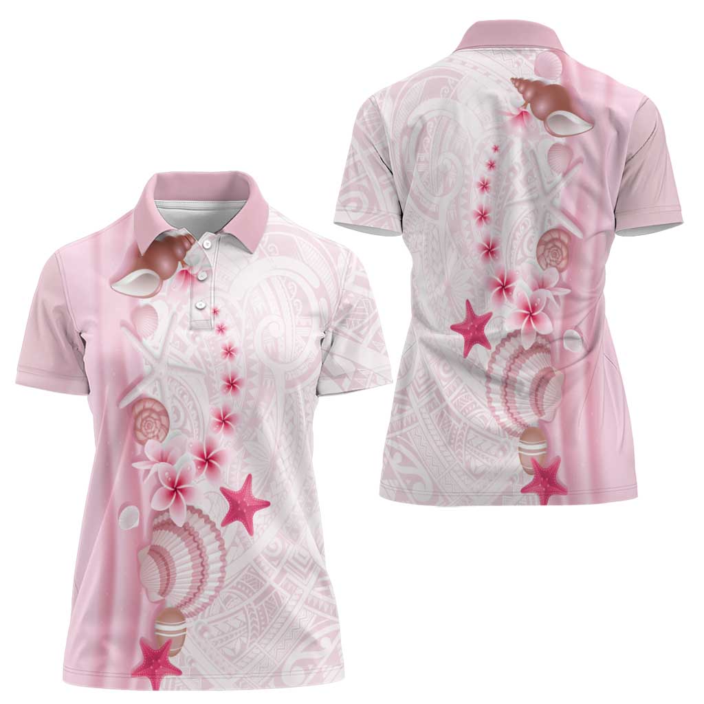 Pink Plumeria Sea Shell Women Polo Shirt Starfish Polynesian Pattern - Polynesian Pride