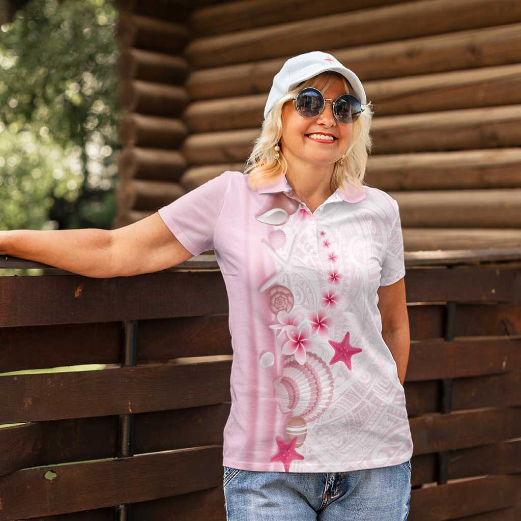 Pink Plumeria Sea Shell Women Polo Shirt Starfish Polynesian Pattern - Polynesian Pride
