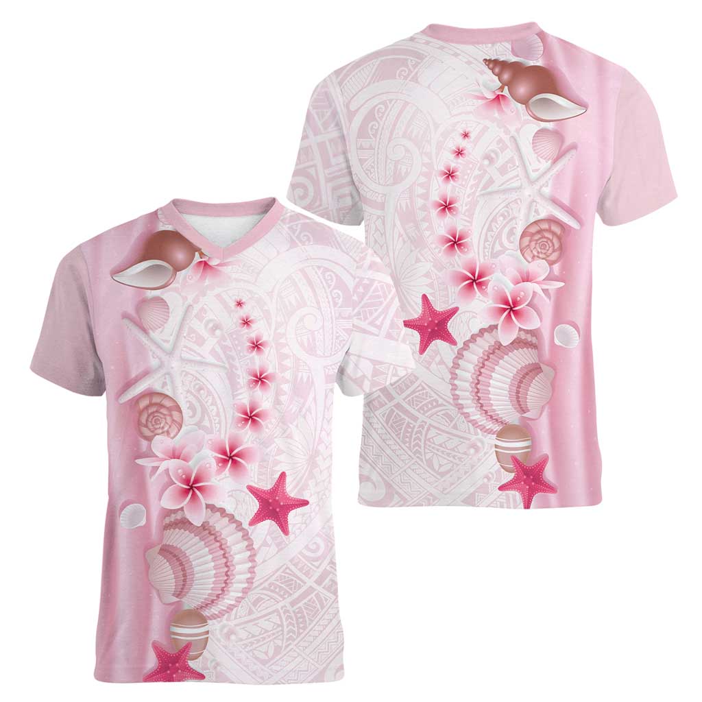 Pink Plumeria Sea Shell Women V-Neck T-Shirt Starfish Polynesian Pattern - Polynesian Pride