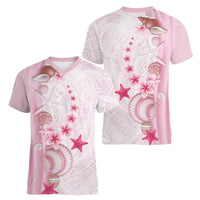 Pink Plumeria Sea Shell Women V-Neck T-Shirt Starfish Polynesian Pattern - Polynesian Pride