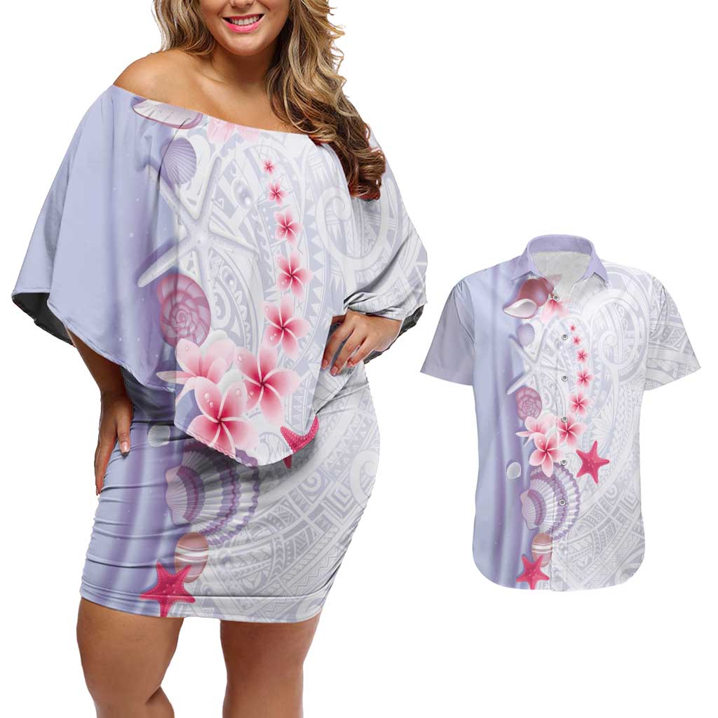 Purple Plumeria Sea Shell Couples Matching Off Shoulder Short Dress and Hawaiian Shirt Starfish Polynesian Pattern - Polynesian Pride