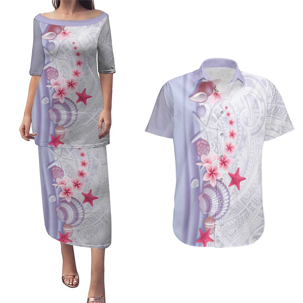 Purple Plumeria Sea Shell Couples Matching Puletasi and Hawaiian Shirt Starfish Polynesian Pattern - Polynesian Pride
