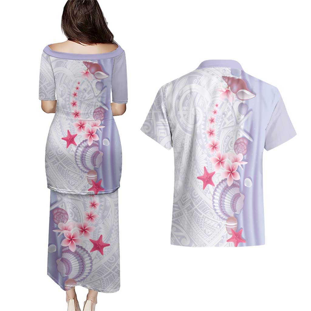 Purple Plumeria Sea Shell Couples Matching Puletasi and Hawaiian Shirt Starfish Polynesian Pattern - Polynesian Pride