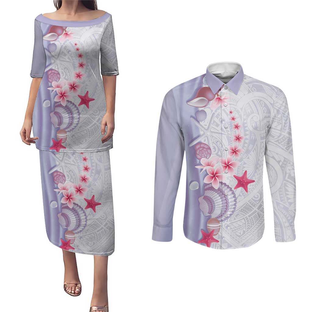 Purple Plumeria Sea Shell Couples Matching Puletasi and Long Sleeve Button Shirt Starfish Polynesian Pattern - Polynesian Pride