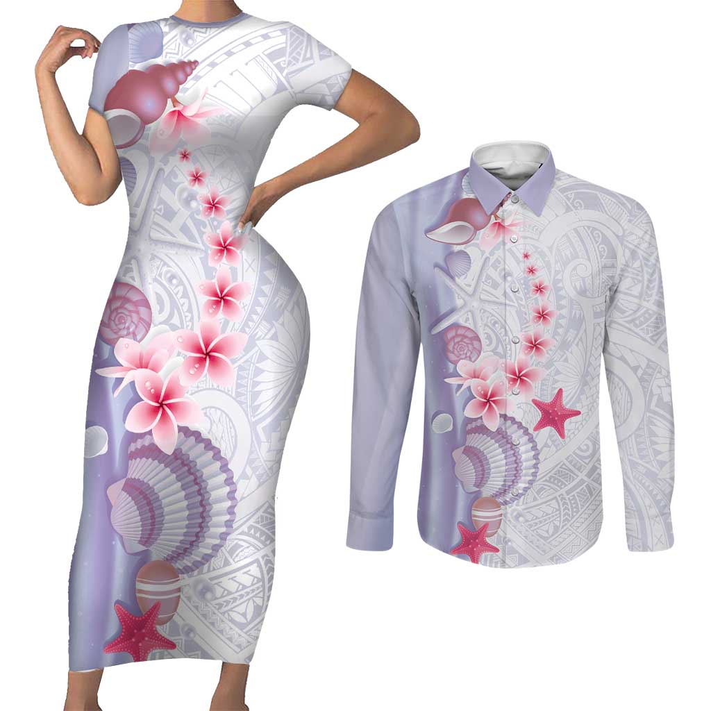 Purple Plumeria Sea Shell Couples Matching Short Sleeve Bodycon Dress and Long Sleeve Button Shirt Starfish Polynesian Pattern - Polynesian Pride