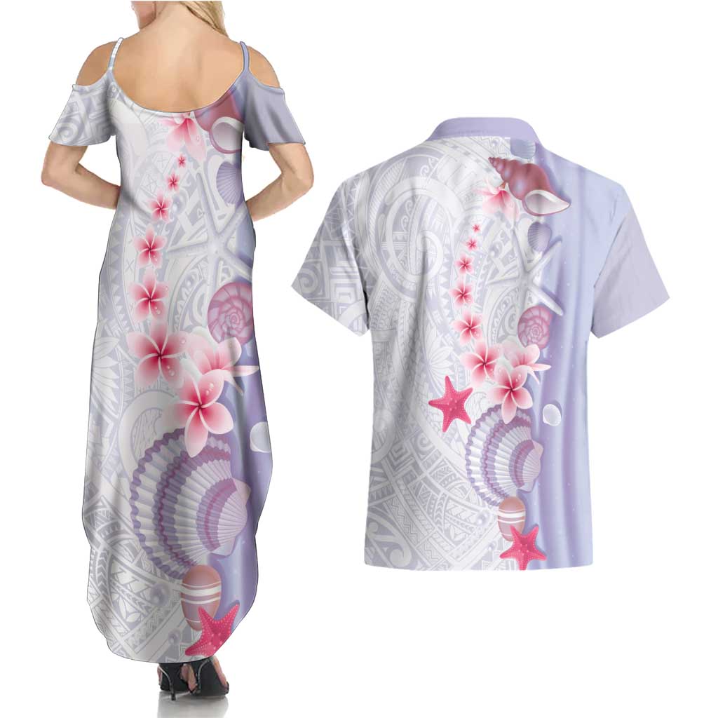 Purple Plumeria Sea Shell Couples Matching Summer Maxi Dress and Hawaiian Shirt Starfish Polynesian Pattern - Polynesian Pride