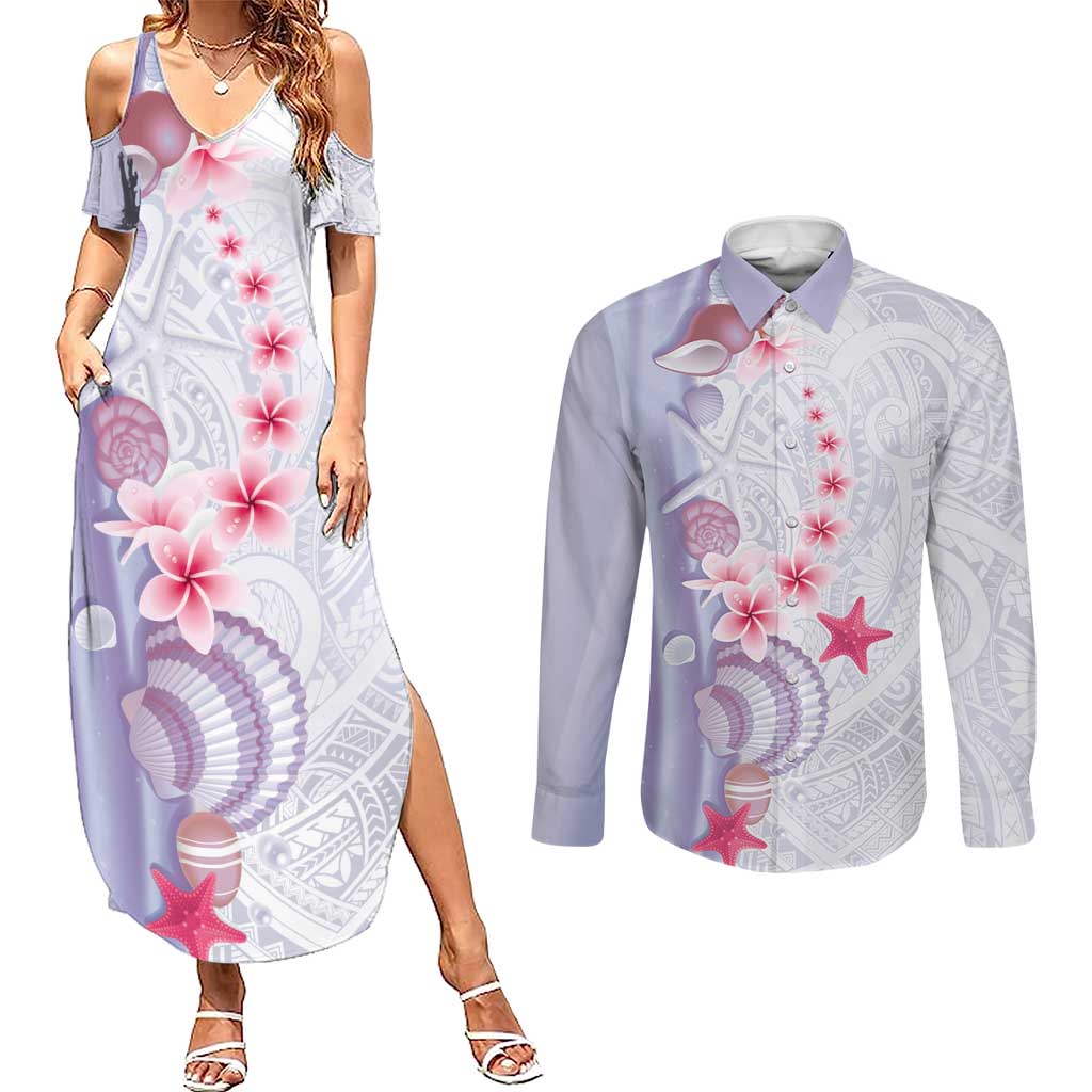 Purple Plumeria Sea Shell Couples Matching Summer Maxi Dress and Long Sleeve Button Shirt Starfish Polynesian Pattern - Polynesian Pride