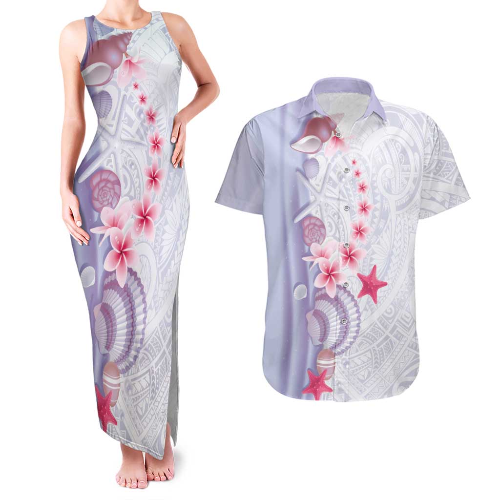 Purple Plumeria Sea Shell Couples Matching Tank Maxi Dress and Hawaiian Shirt Starfish Polynesian Pattern - Polynesian Pride