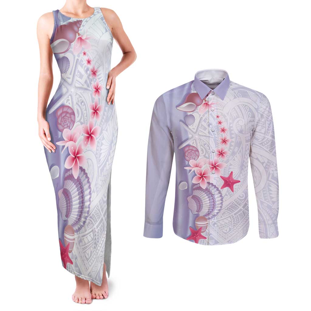 Purple Plumeria Sea Shell Couples Matching Tank Maxi Dress and Long Sleeve Button Shirt Starfish Polynesian Pattern - Polynesian Pride
