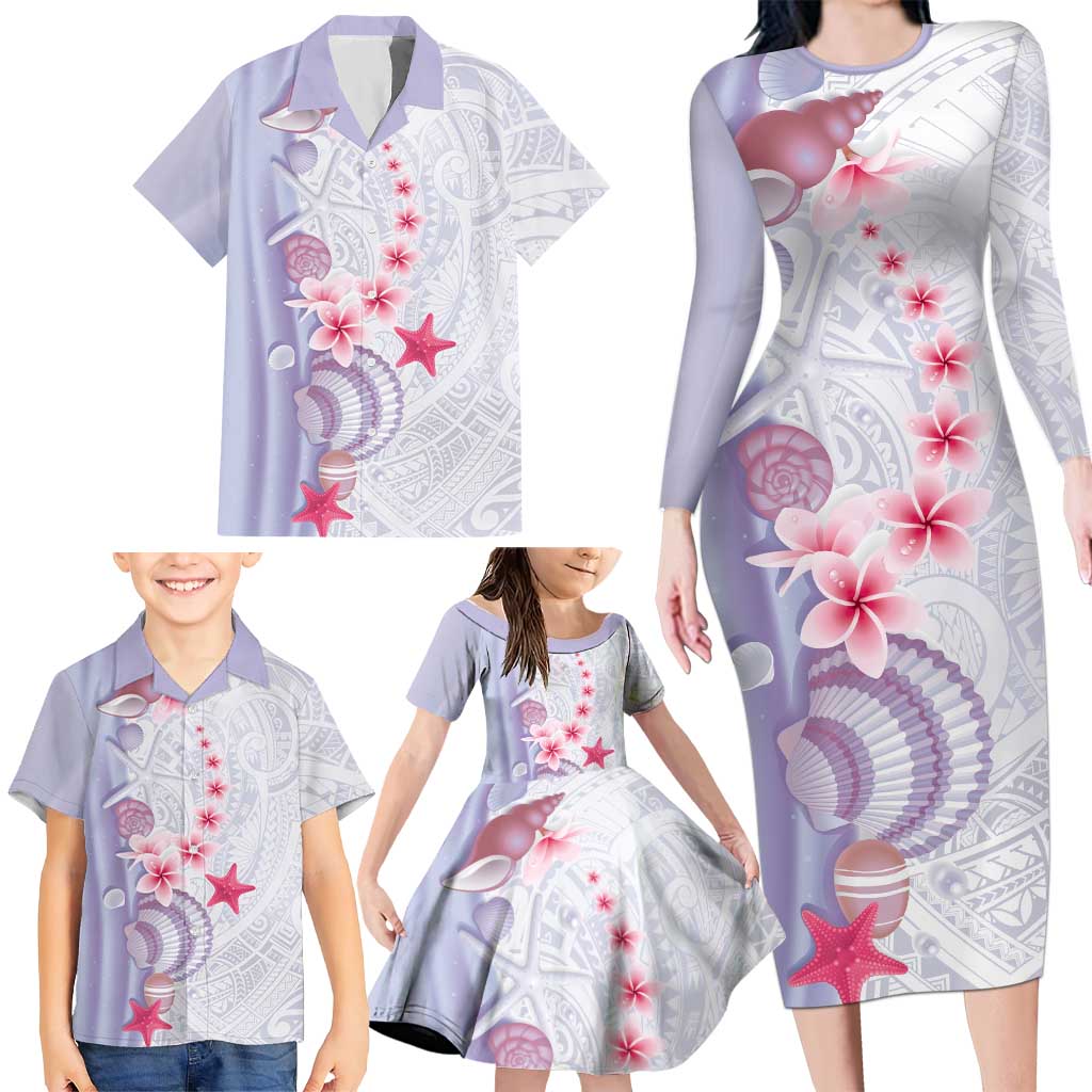 Purple Plumeria Sea Shell Family Matching Long Sleeve Bodycon Dress and Hawaiian Shirt Starfish Polynesian Pattern LT01 - Polynesian Pride