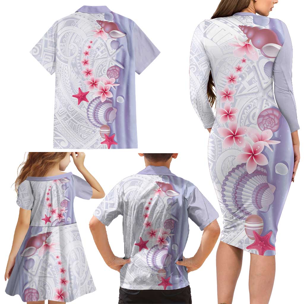 Purple Plumeria Sea Shell Family Matching Long Sleeve Bodycon Dress and Hawaiian Shirt Starfish Polynesian Pattern LT01 - Polynesian Pride