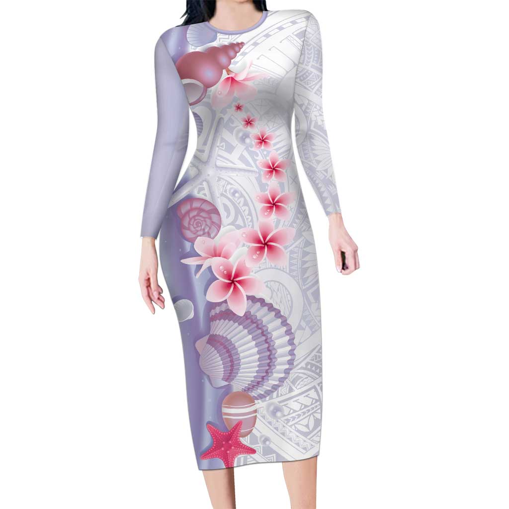 Purple Plumeria Sea Shell Family Matching Long Sleeve Bodycon Dress and Hawaiian Shirt Starfish Polynesian Pattern LT01 Mom's Dress Purple - Polynesian Pride