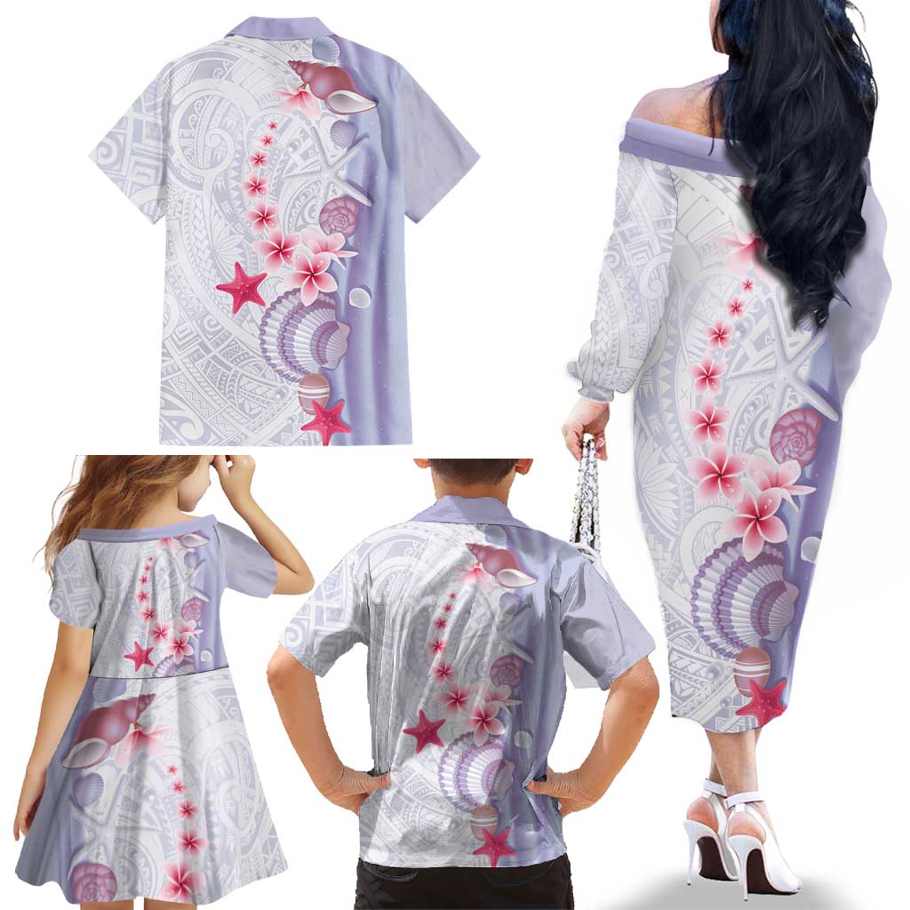 Purple Plumeria Sea Shell Family Matching Off The Shoulder Long Sleeve Dress and Hawaiian Shirt Starfish Polynesian Pattern LT01 - Polynesian Pride