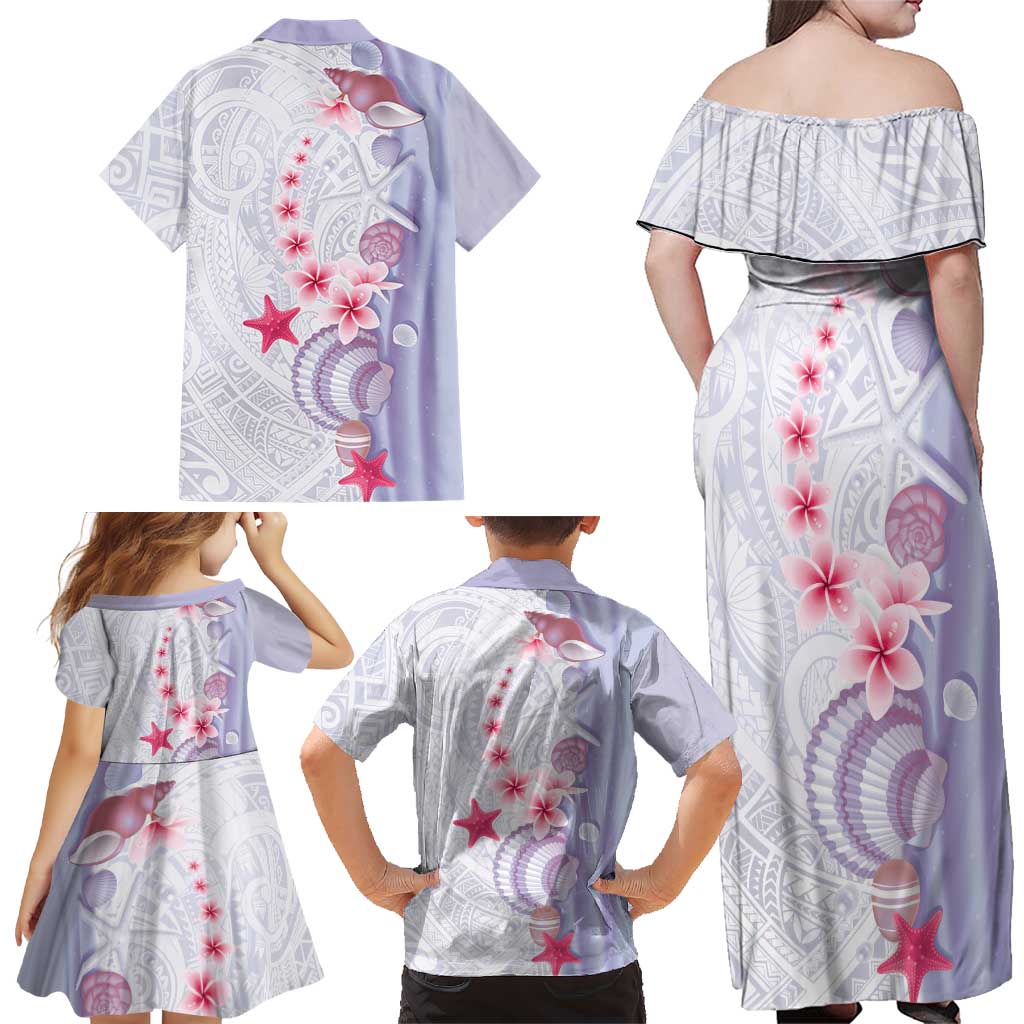 Purple Plumeria Sea Shell Family Matching Off Shoulder Maxi Dress and Hawaiian Shirt Starfish Polynesian Pattern - Polynesian Pride