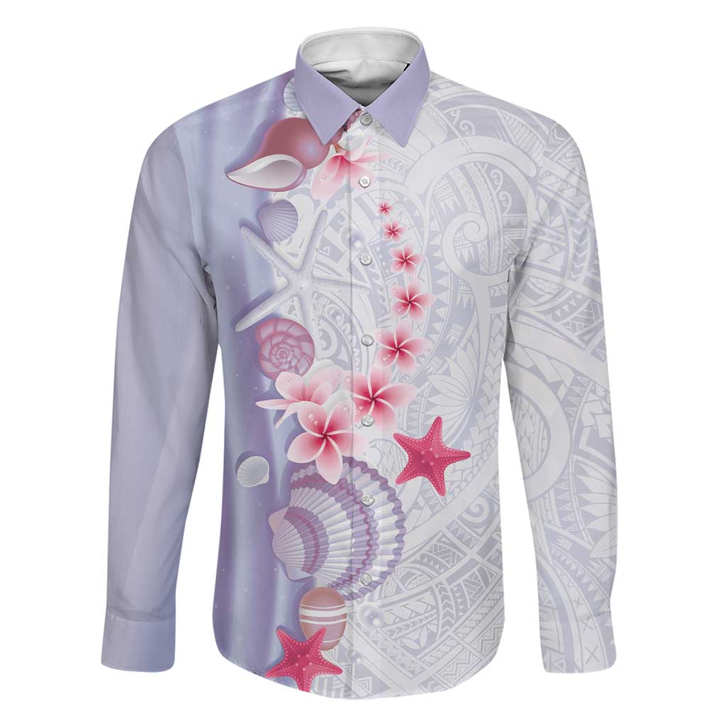 Purple Plumeria Sea Shell Family Matching Off Shoulder Maxi Dress and Hawaiian Shirt Starfish Polynesian Pattern - Polynesian Pride