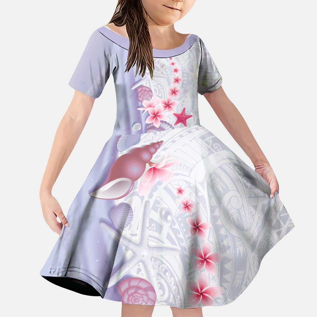 Purple Plumeria Sea Shell Family Matching Off Shoulder Short Dress and Hawaiian Shirt Starfish Polynesian Pattern - Polynesian Pride