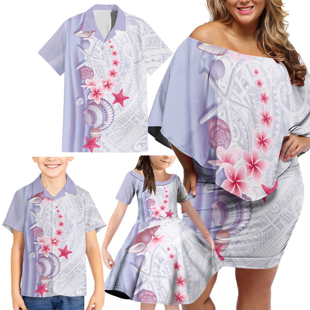 Purple Plumeria Sea Shell Family Matching Off Shoulder Short Dress and Hawaiian Shirt Starfish Polynesian Pattern - Polynesian Pride