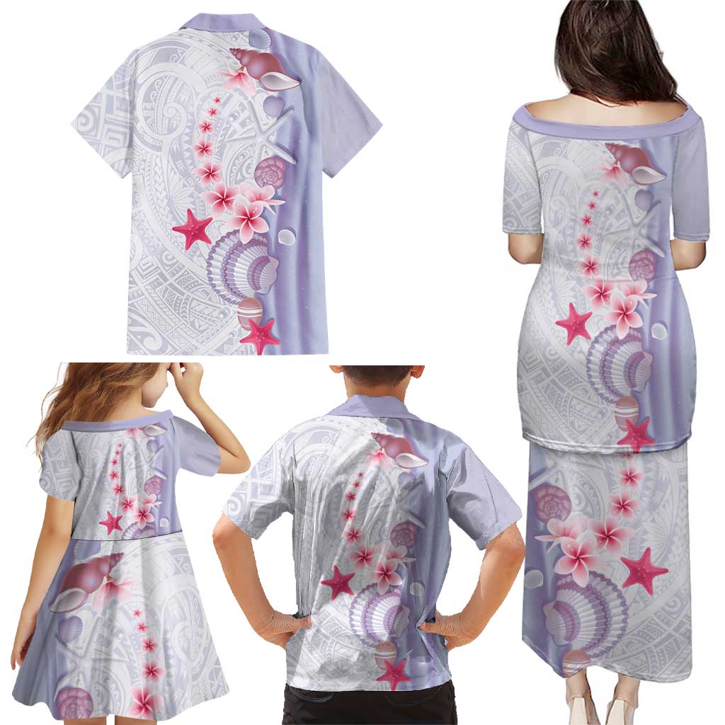 Purple Plumeria Sea Shell Family Matching Puletasi and Hawaiian Shirt Starfish Polynesian Pattern - Polynesian Pride