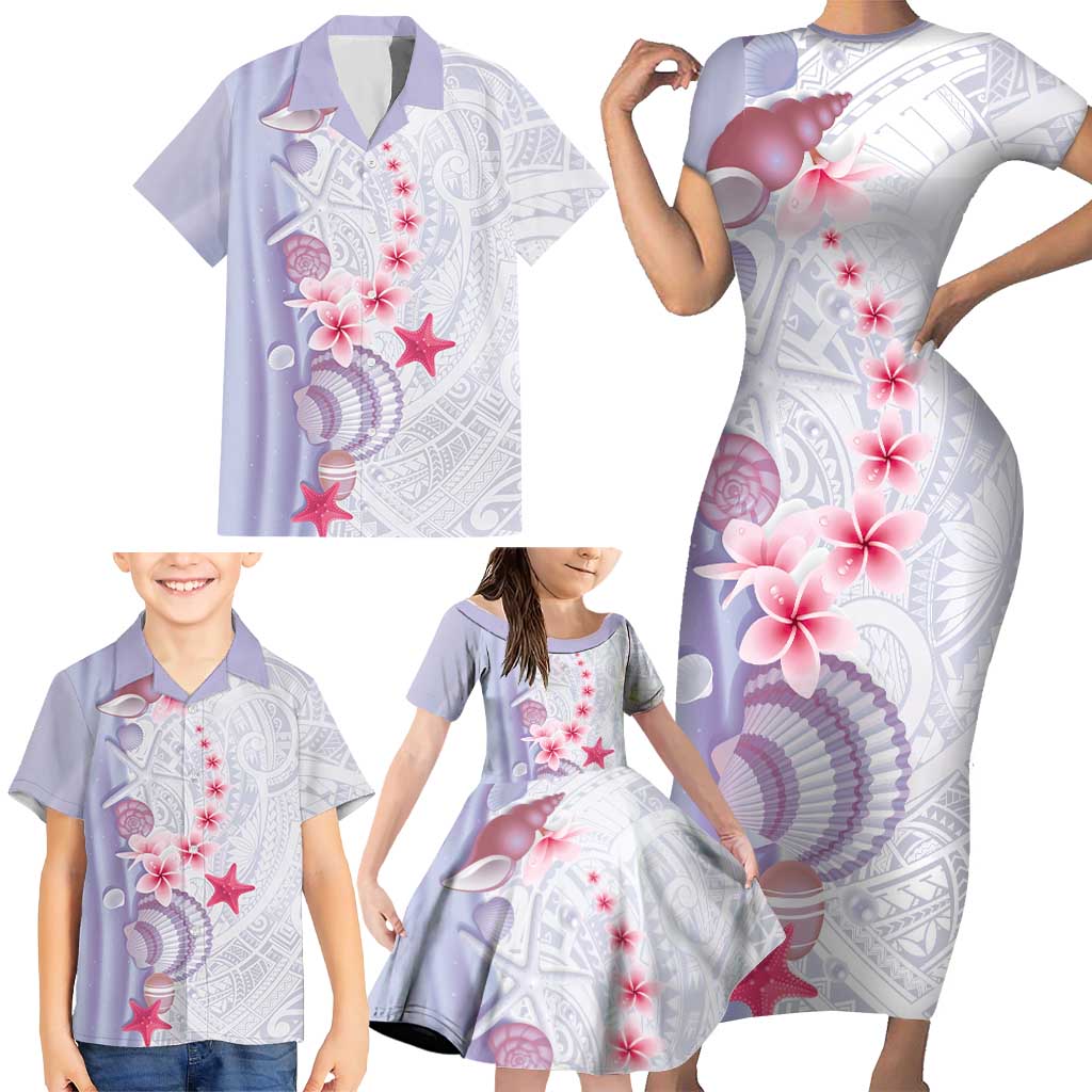 Purple Plumeria Sea Shell Family Matching Short Sleeve Bodycon Dress and Hawaiian Shirt Starfish Polynesian Pattern - Polynesian Pride