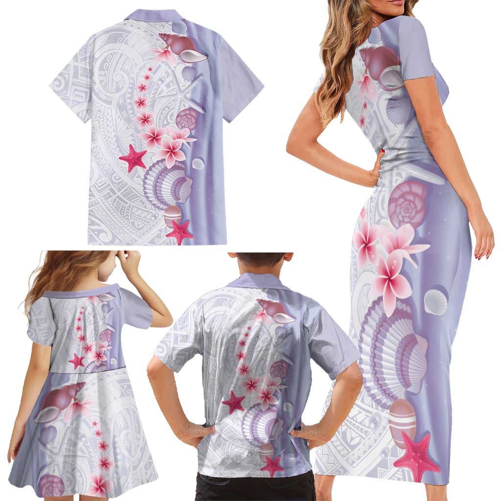Purple Plumeria Sea Shell Family Matching Short Sleeve Bodycon Dress and Hawaiian Shirt Starfish Polynesian Pattern LT01 - Polynesian Pride