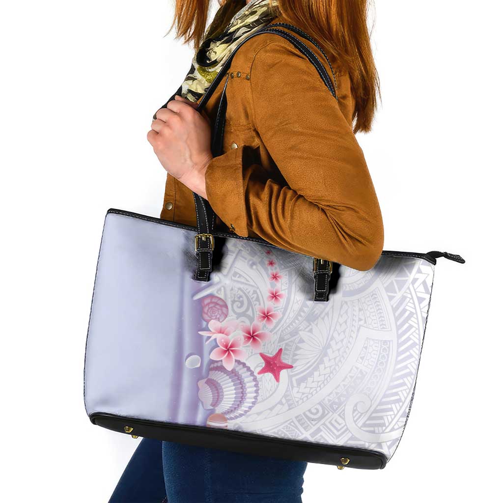 Purple Plumeria Sea Shell Leather Tote Bag Starfish Polynesian Pattern - Polynesian Pride