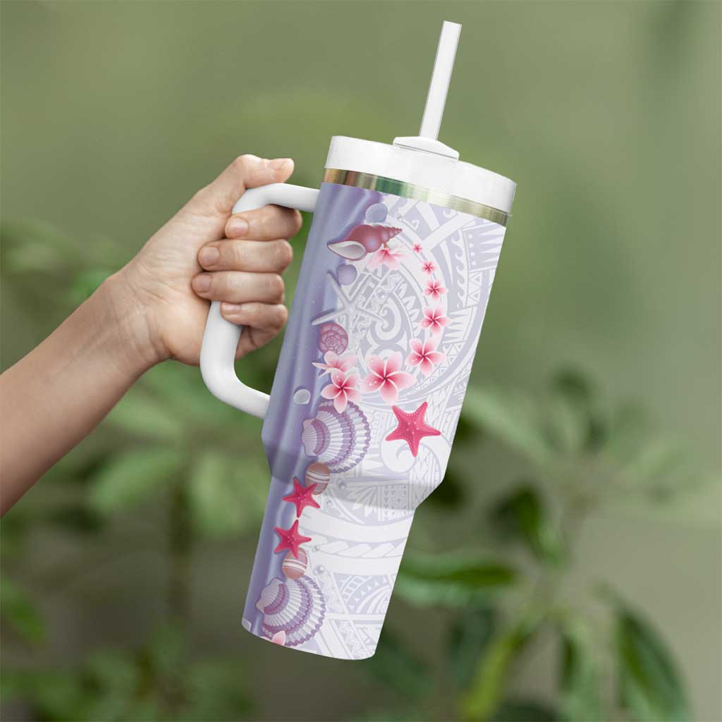 Purple Plumeria Sea Shell Tumbler With Handle Starfish Polynesian Pattern - Polynesian Pride