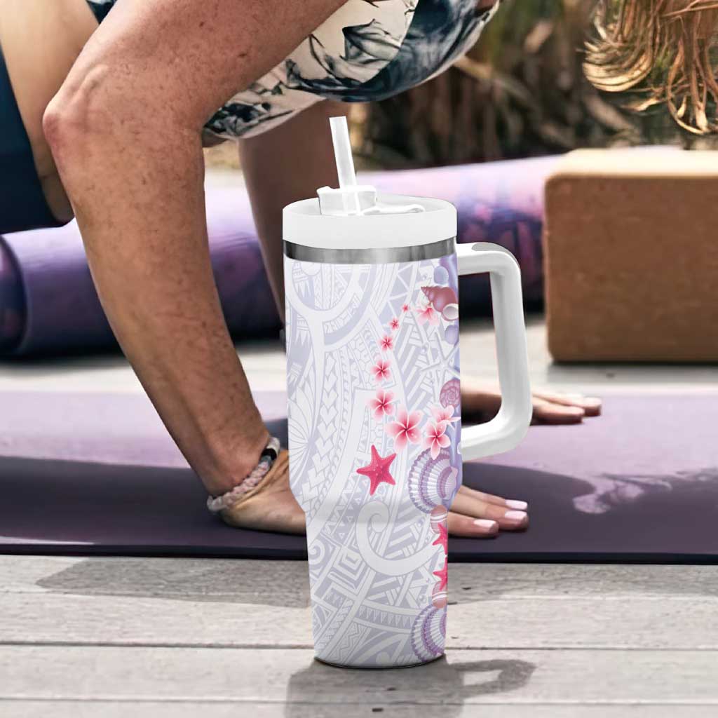 Purple Plumeria Sea Shell Tumbler With Handle Starfish Polynesian Pattern - Polynesian Pride