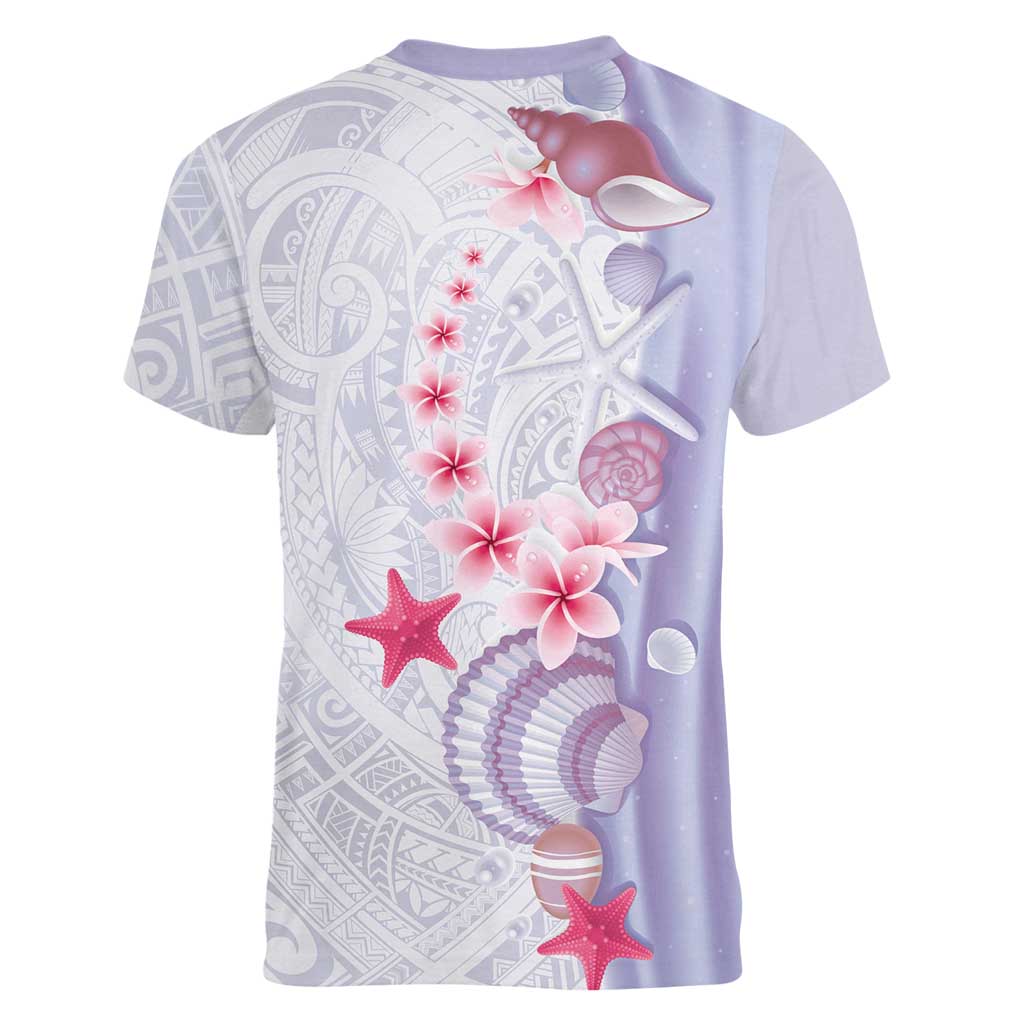 Purple Plumeria Sea Shell Women V-Neck T-Shirt Starfish Polynesian Pattern - Polynesian Pride