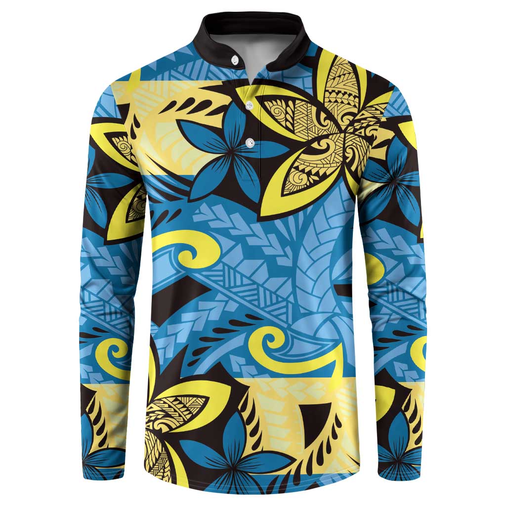 Plumeria Polynesian Pattern Button Sweatshirt Unique Fantasy Blue Yellow LT01 Blue - Polynesian Pride