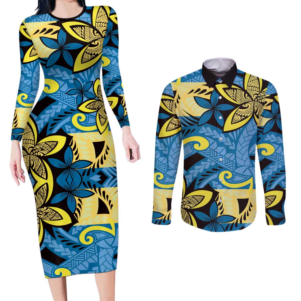 Plumeria Polynesian Pattern Couples Matching Long Sleeve Bodycon Dress and Long Sleeve Button Shirt Unique Fantasy Blue Yellow